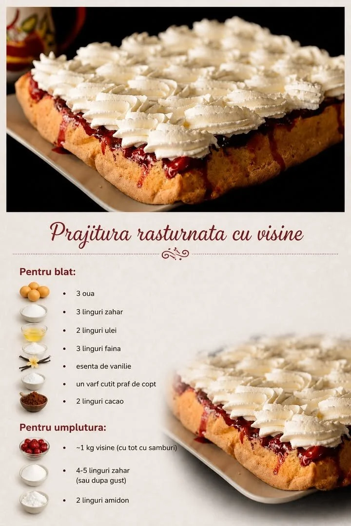 Prăjitură cu vișine proaspete și cremă delicioasă, servită pe o farfurie