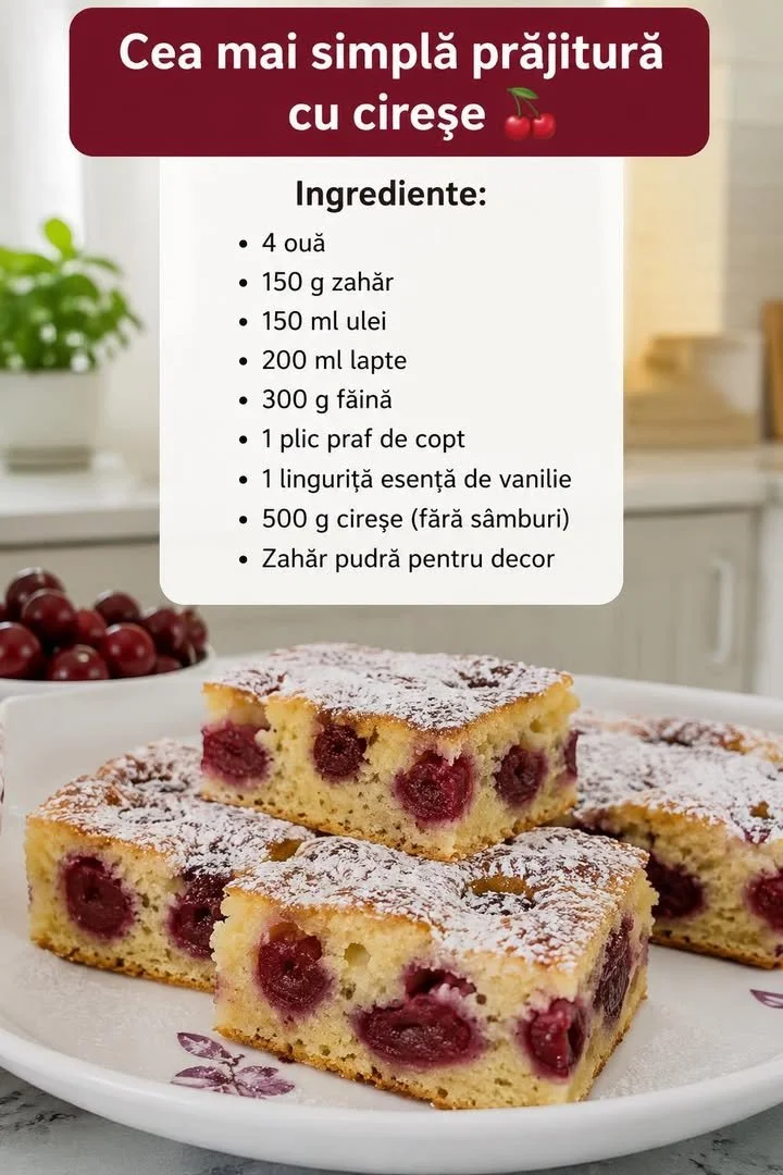 Prăjitură cu cireșe proaspete, simplă și delicioasă, gata de servire.