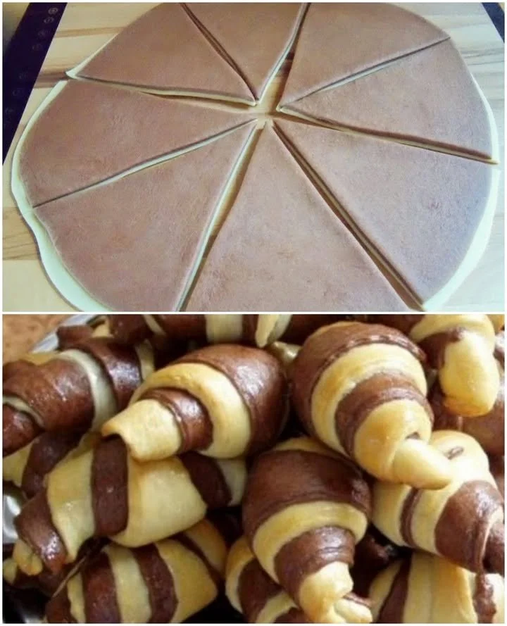 Cornulețe bicolore fragede și delicioase, proaspăt coapte.