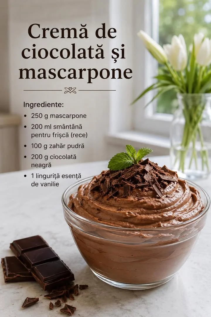 Crema de ciocolată cu mascarpone, desert delicios și cremos