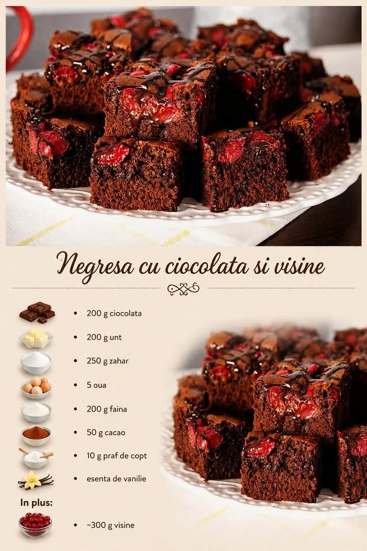 Negresă cu vișine proaspete pe o farfurie, un desert savuros și indulgent.