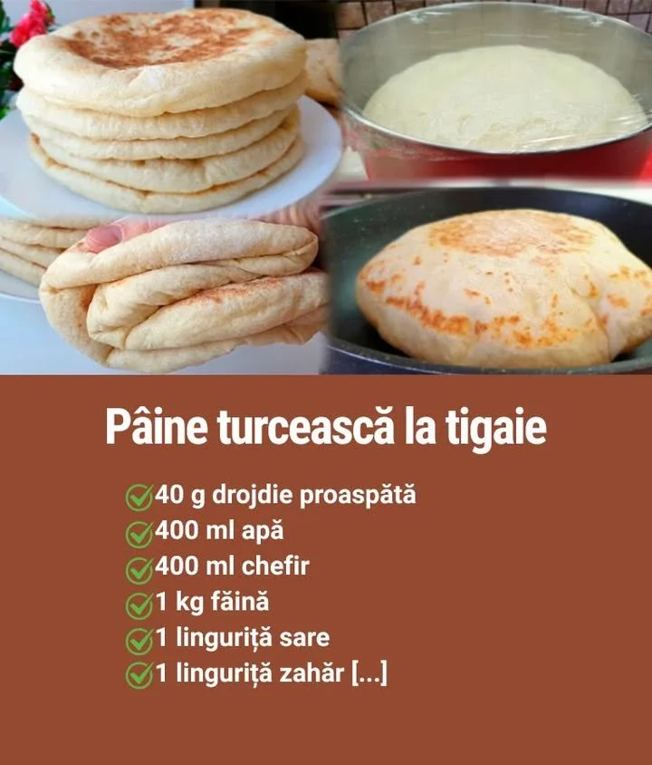 Pâine turcească gătită la tigaie servită cu garnitură delicioasă