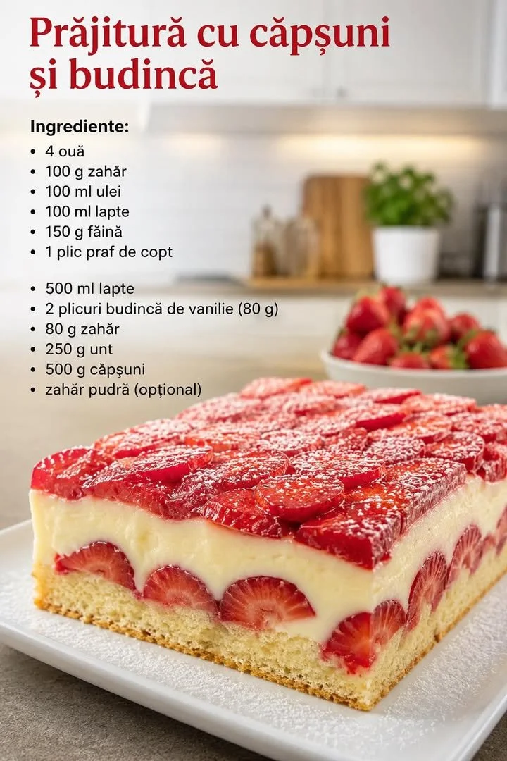 Prăjitură cu căpșuni și budincă, deliciu perfect pentru desert