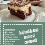 Prăjitură pufoasă la tavă, moale și cremoasă, gata de servit.