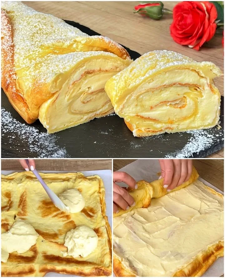 Ruladă pufoasă umplută cu cremă de vanilie, servită ca desert