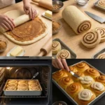 Rulouri cu scorțișoară proaspăt coapte, servite pe un platou