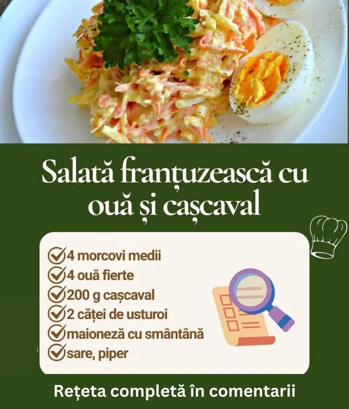 Salată franțuzească de ouă și cașcaval servită pe o farfurie elegantă