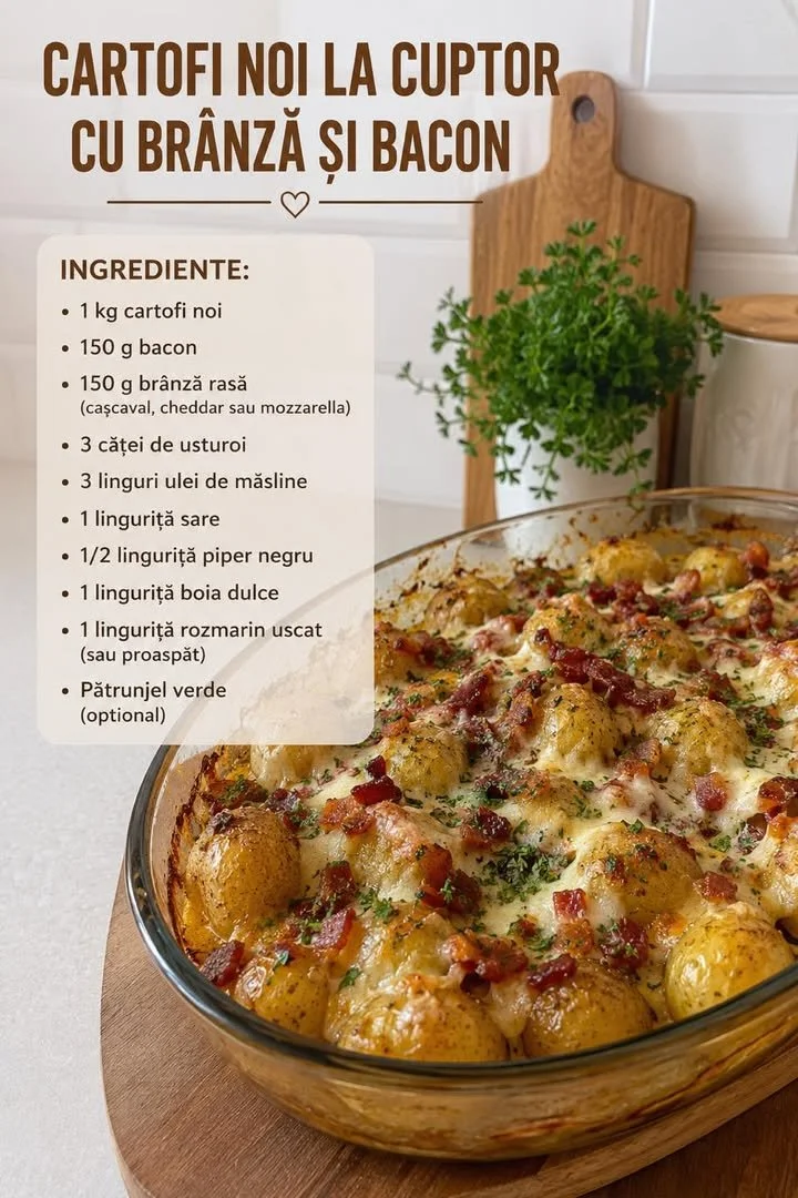 Cartofi noi la cuptor cu brânză și bacon, un preparat delicios.