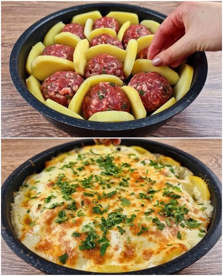Chiftele delicioase la cuptor cu cartofi și sos alb servite pe o farfurie
