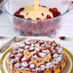 Clafoutis cu cireșe, un desert dulce franțuzesc, servit pe o farfurie