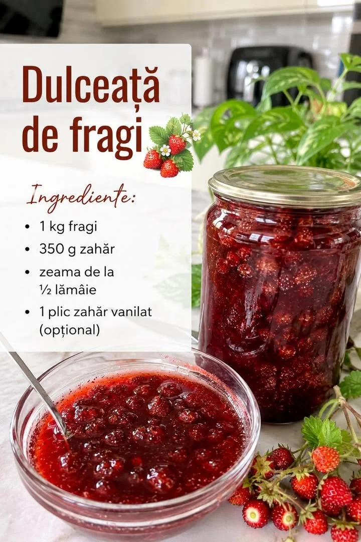 Dulceață de fragi cu puțin zahăr, un desert sănătos și delicios.