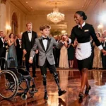 Femeia care servea la mese la o gala luxoasă pentru un bărbat în scaun cu rotile