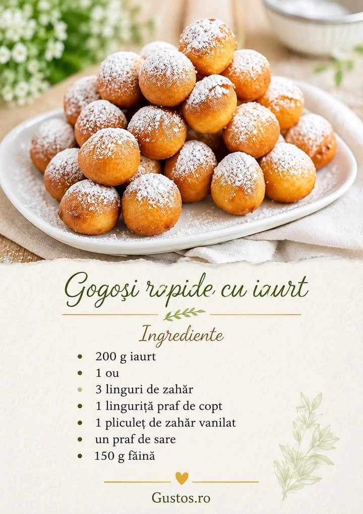 Gogoși rapide cu iaurt servite pe un platou, delicioase și ușor de preparat.