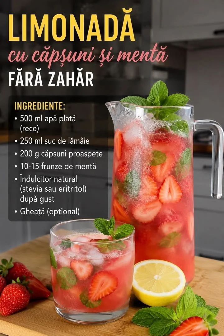 Limonadă fără zahăr cu căpșuni și mentă servită rece