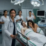 Medicul militar intervenind de urgență în noapte, cu drama familială în fundal.
