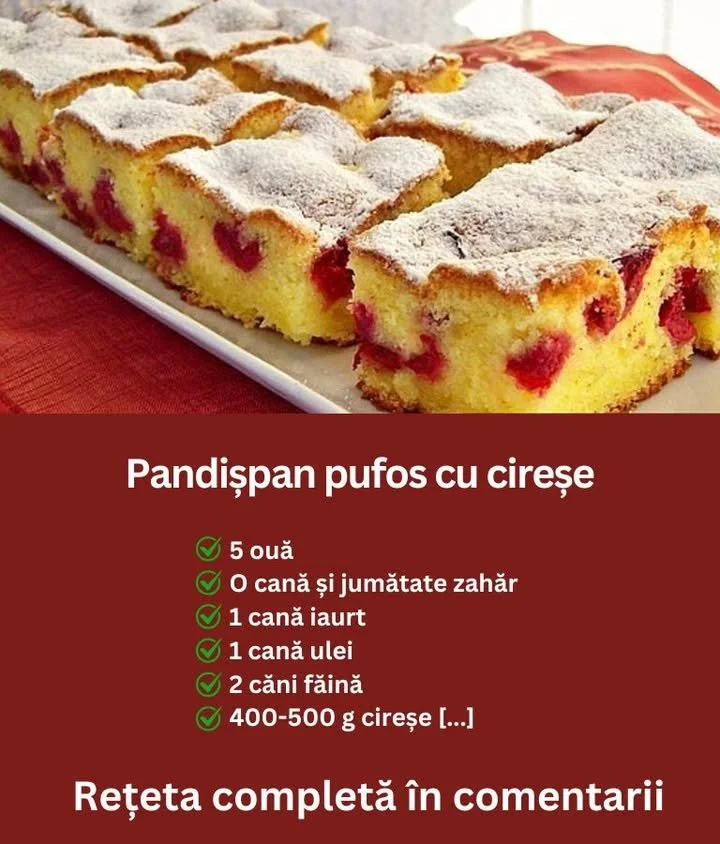 Pandispan pufos cu cireșe proaspete, un desert delicos și aromat.