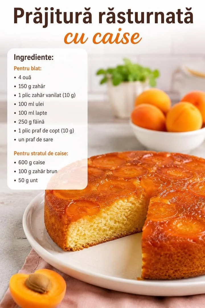 Prăjitură răsturnată cu caise, rețetă simplă și delicioasă