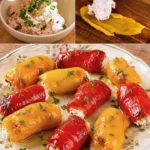 Rulouri cu ardei umpluți pe un platou, servite ca aperitiv