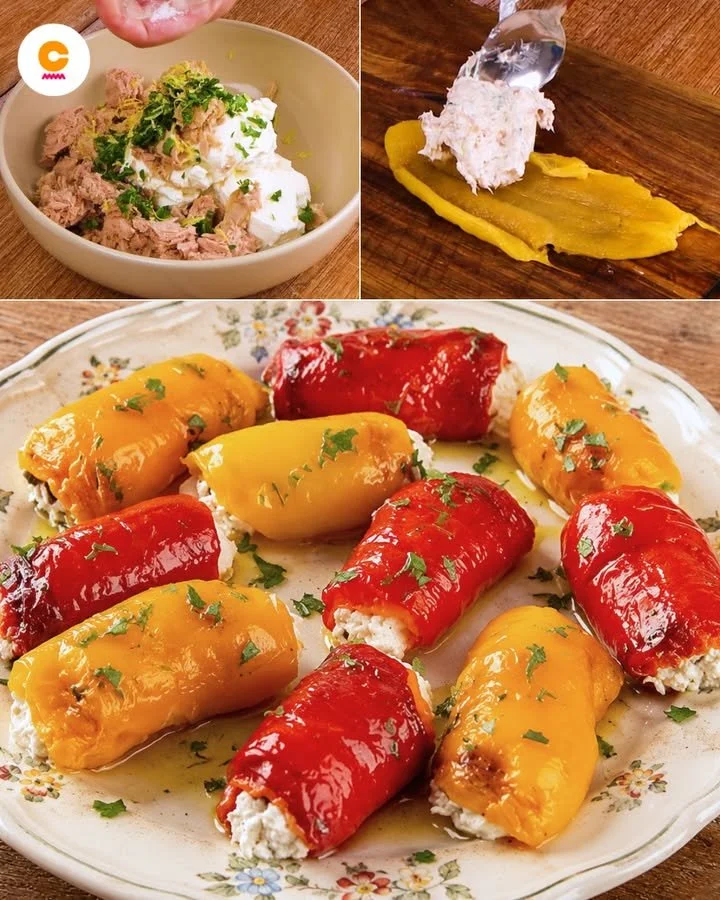 Rulouri cu ardei umpluți pe un platou, servite ca aperitiv
