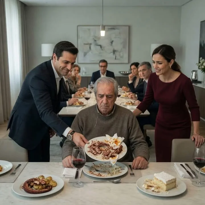 Tatăl mâncând resturi aruncate de fiul său, simbol al umilinței și datoriilor.