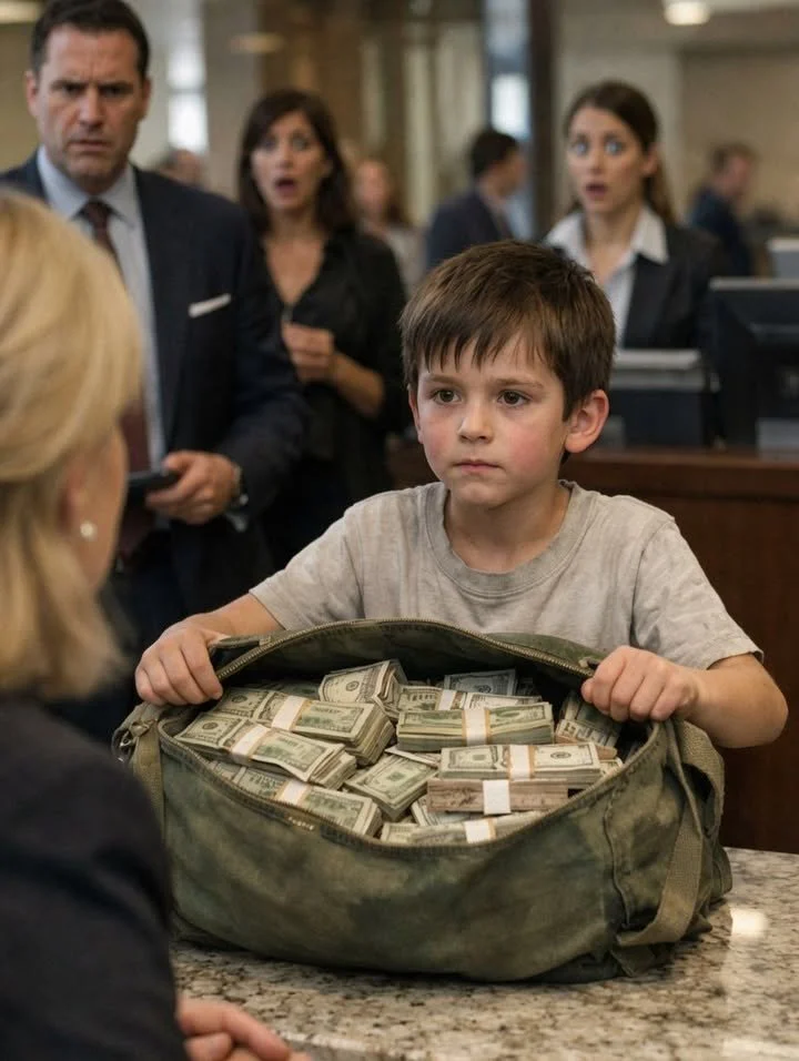 Băiat de 8 ani intrând singur într-o bancă